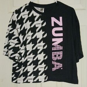 Zumba Fitness Womens Houndstooth Black and White Tee with Pink Logo